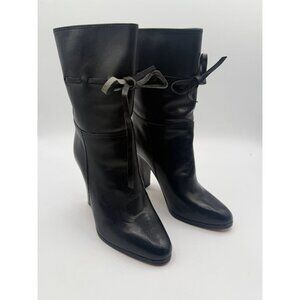 Vintage Hana Mackler Women's Black Leather Tie Detail Heeled Boots Size 5.5B